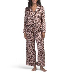 DALIA MACPHEE Brown 2pc Animal Print Satin Pajama Set